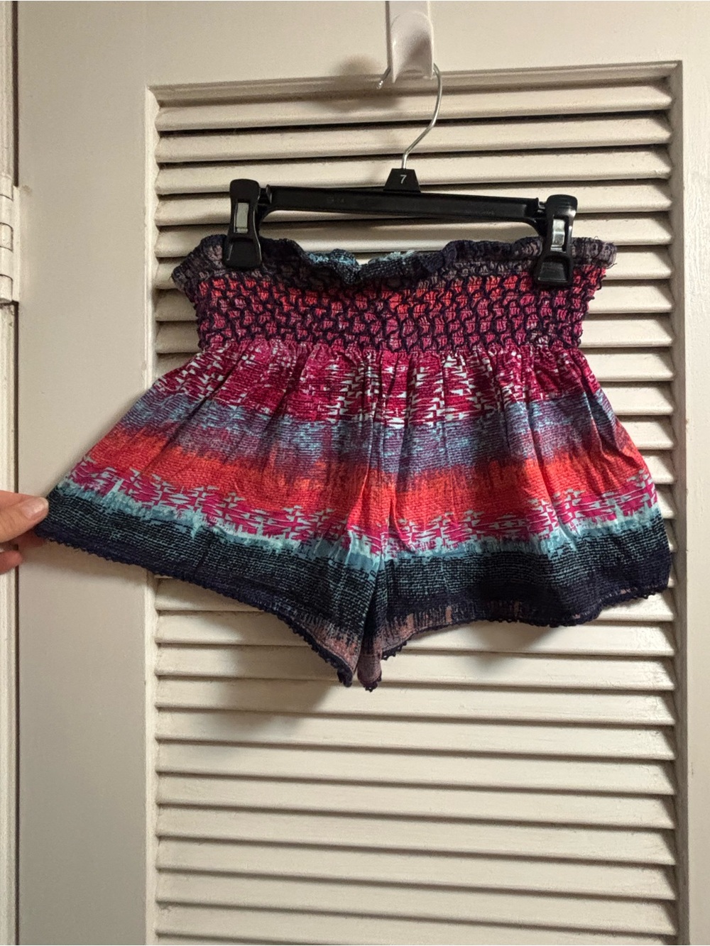 Indigo Rein Smocked High-Waist Striped Shorts in Pink, Red, Blue